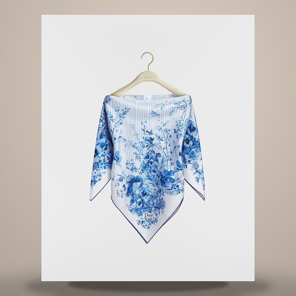 DIOR Dioriviera Toile de Jouy Floral White Blue Silk Twill Sca 64TT120S6144 C505