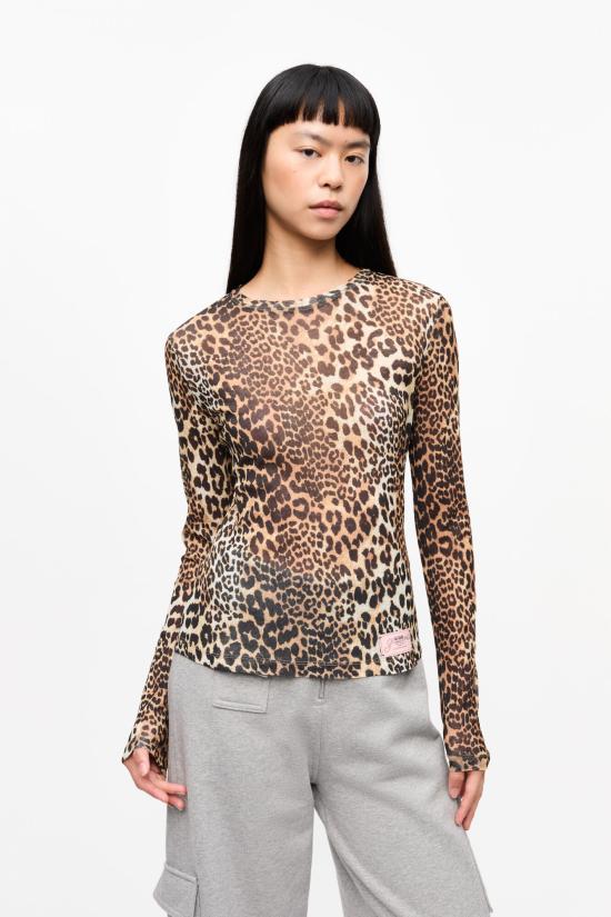 GANNI Leopard Mesh Long Sleeve Blouse T4208943