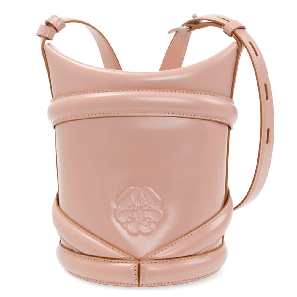 Alexander Mcqueen Rose Gold Logo Curve Bucket Crossbody Bag
