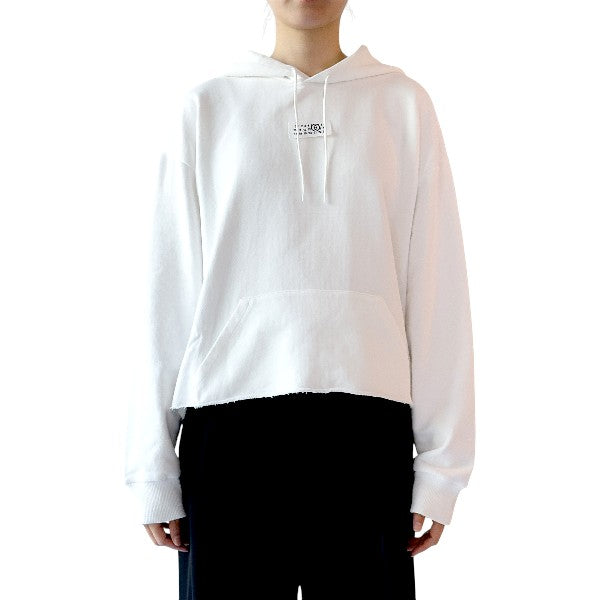 MM6 Patch Hem Cut Boxy Fit Hoodie White Cotton Women’s Hoodie