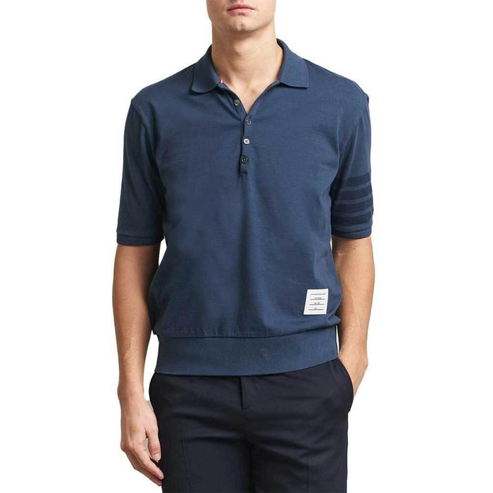THOM BROWNE Short Sleeve Piqué Polo Shirt Men Navy
