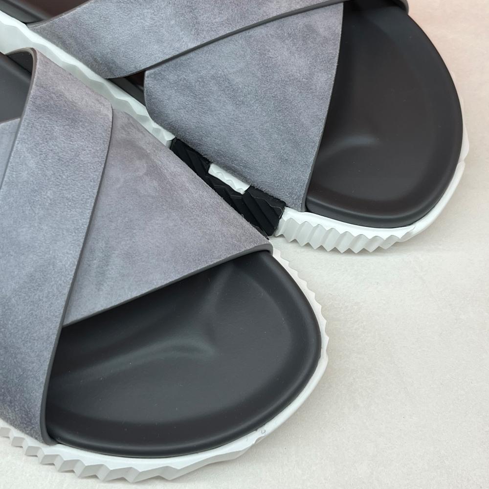 HERMES Men’s Infra Sandals Suede Calfskin Gray H Black Slippers