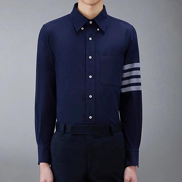 THOM BROWNE Solid Flannel 4-Bar Name Tag Straight Fit Long Sleeve Shirt