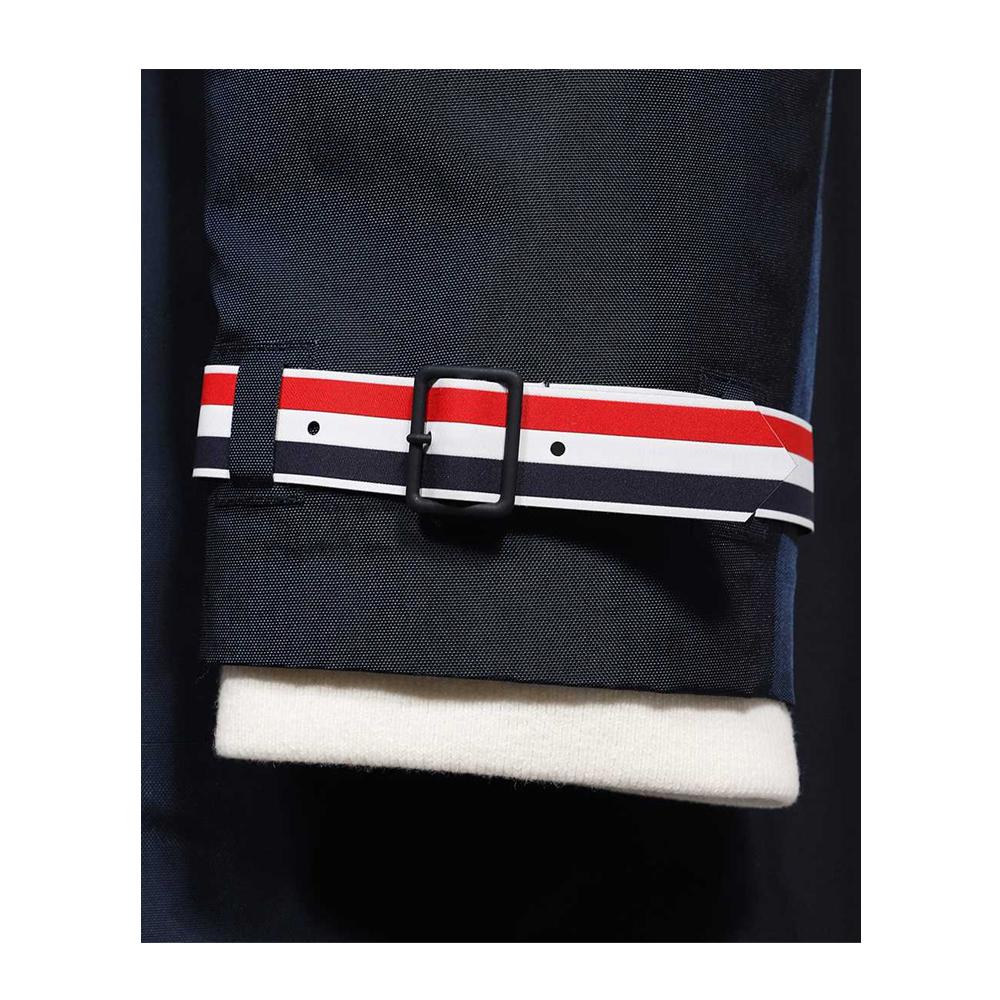 THOM BROWNE Navy Hooded Long Jacket with Armband Trim for Men MKJ089A Y1018 415