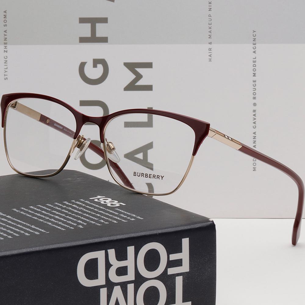 BURBERRY Burgundy Gold Half-Rim Square Cat-Eye Eyeglass Frames BE1362 1292