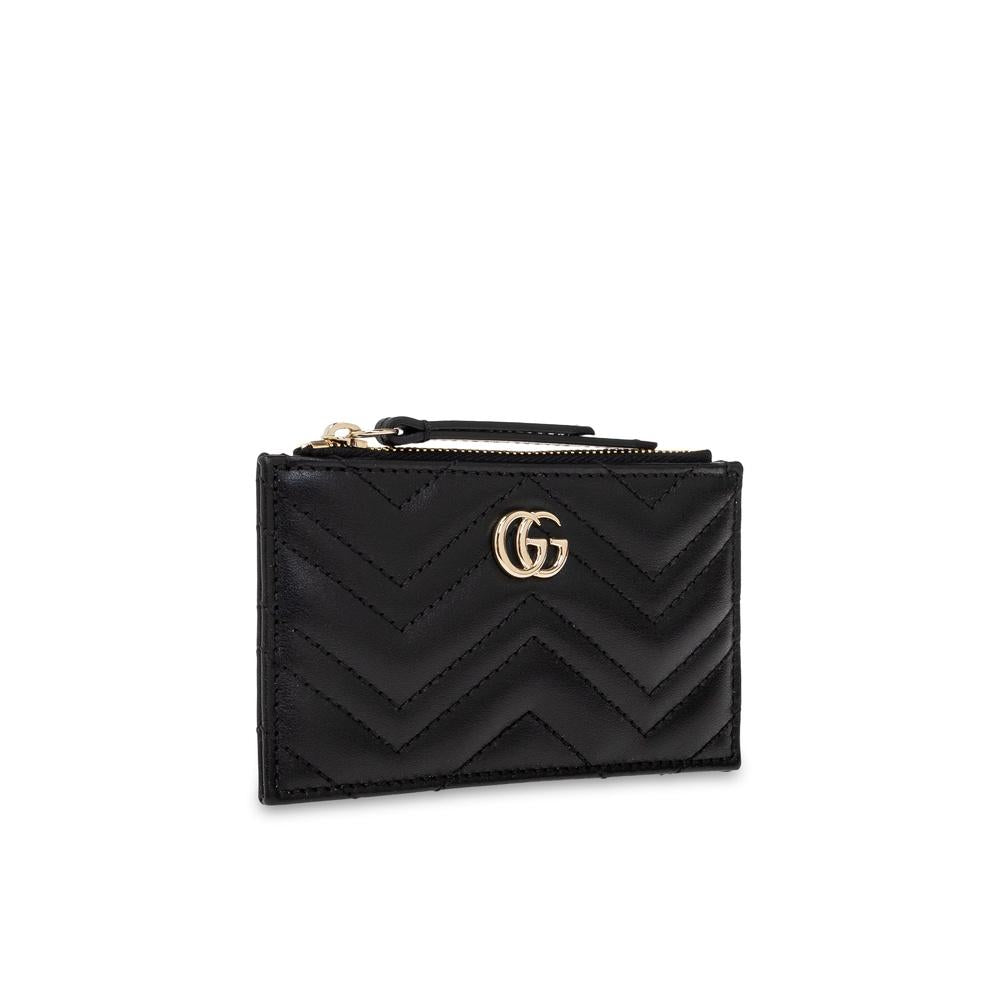 GUCCI GG Marmont Keyring Zip Card Wallet Black Leather