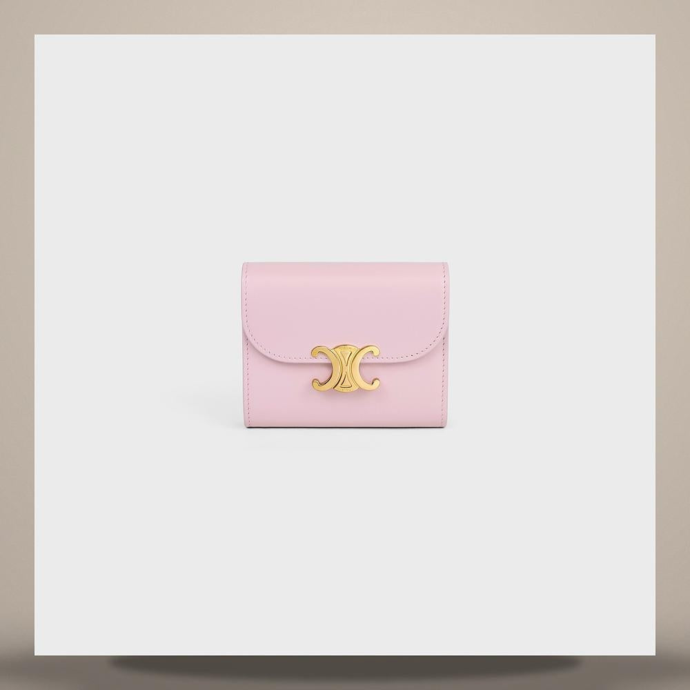 CELINE Shiny Calfskin Triomphe Small Flap Card Wallet Dirty Pink