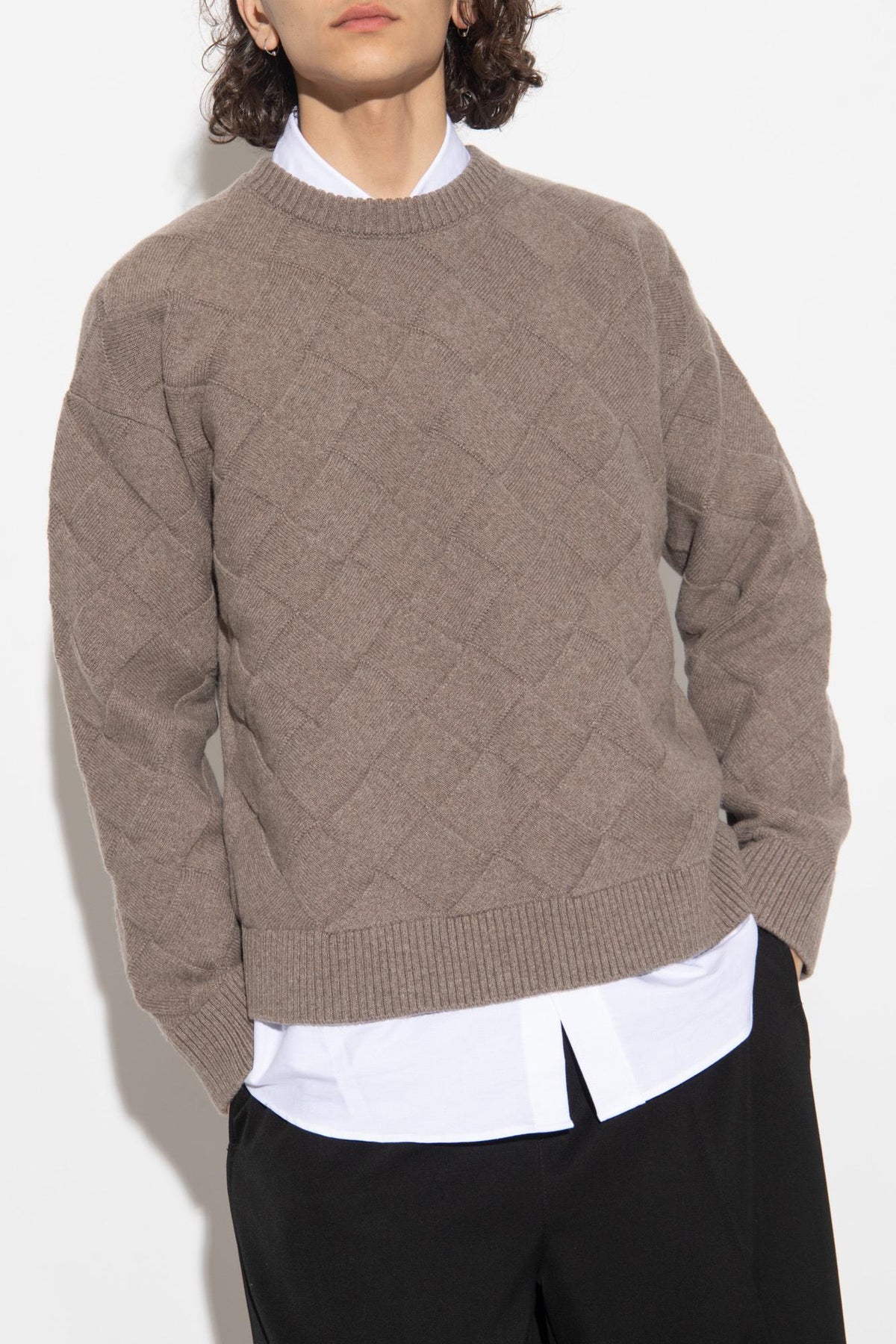 Bottega Veneta Brown Intreccio Wool Crewneck Sweater Men