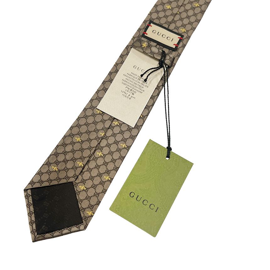 GUCCI GG Bee Pattern Beige Silk Tie