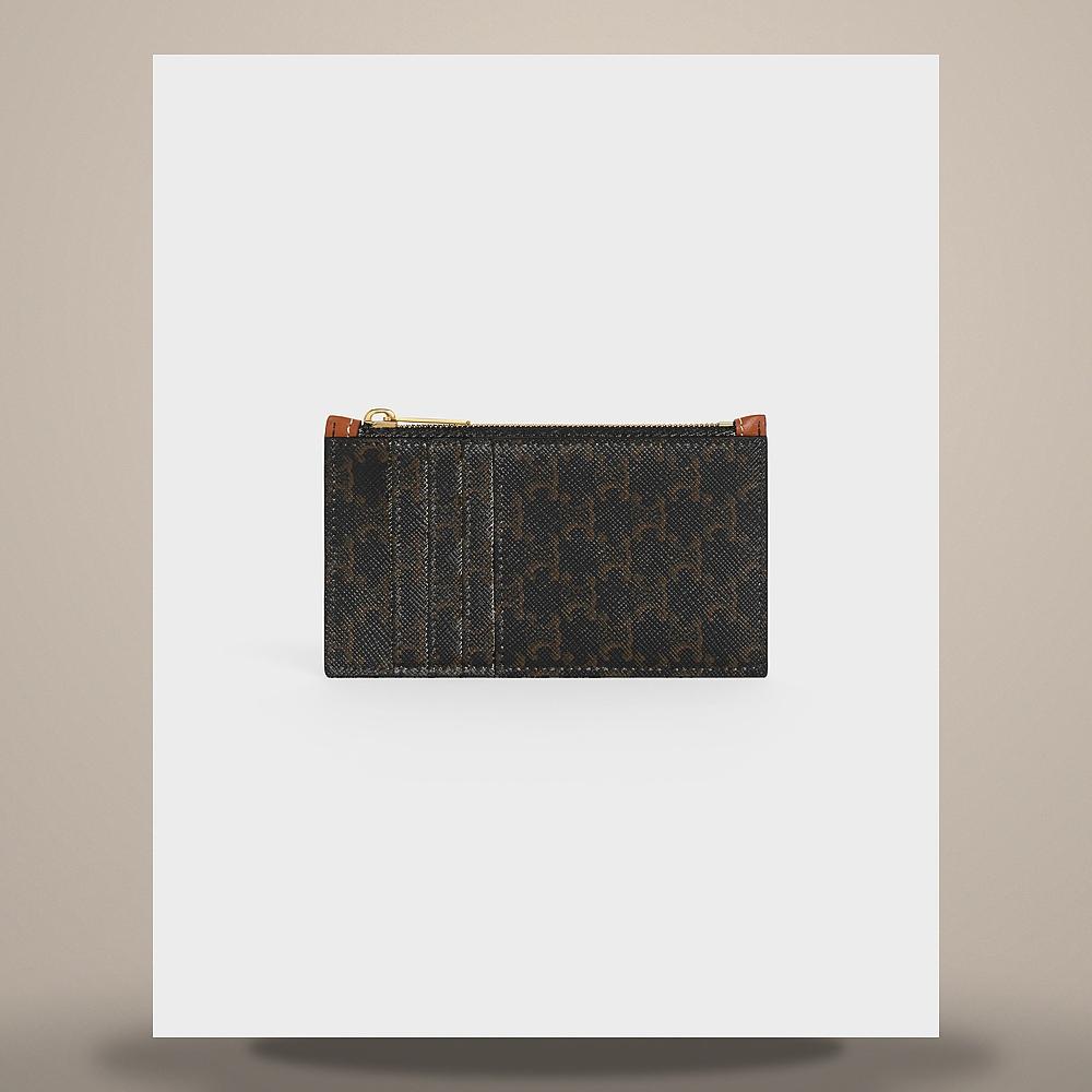 CELINE Triomphe Canvas Lambskin Compact Zip Card Wallet Tan