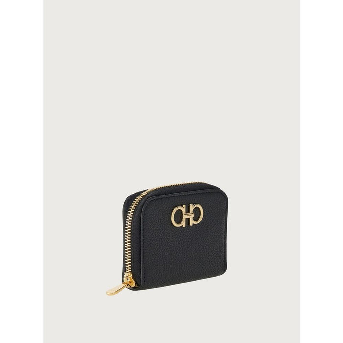Ferragamo Gancini Zip Card Holder Leather Unisex Black Wallet
