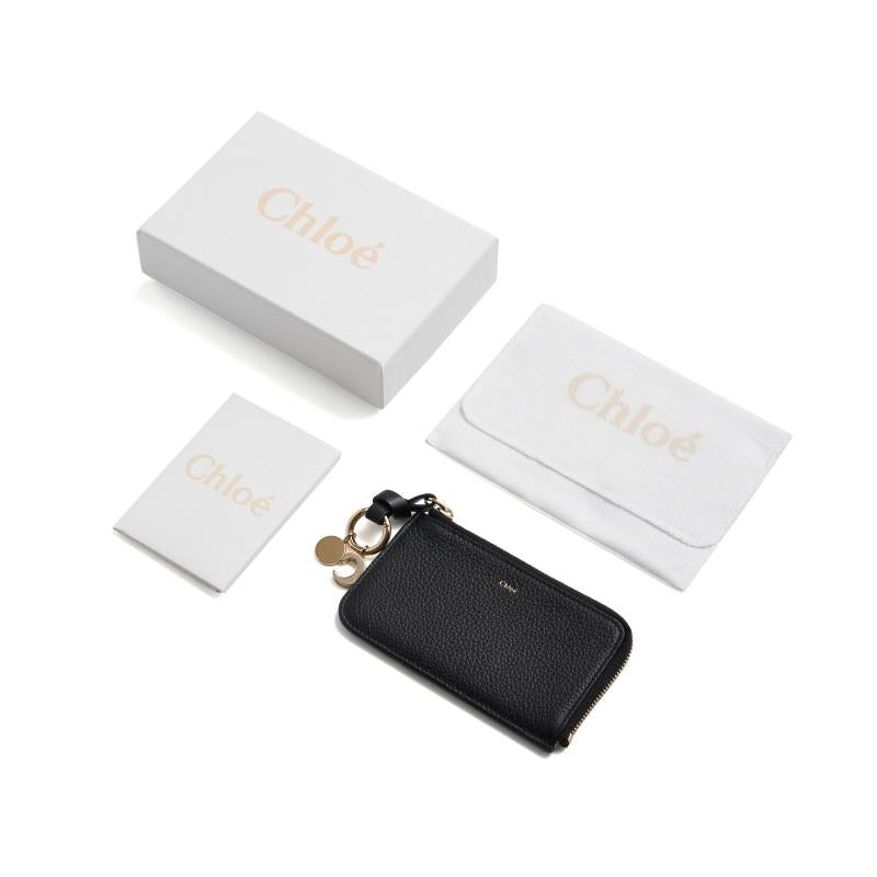 Chloe Logo Charm Zip Pocket Card Holder Wallet Black Women