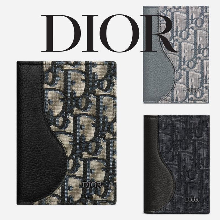 DIOR Marquetry Navy Leather Card Holder Unisex