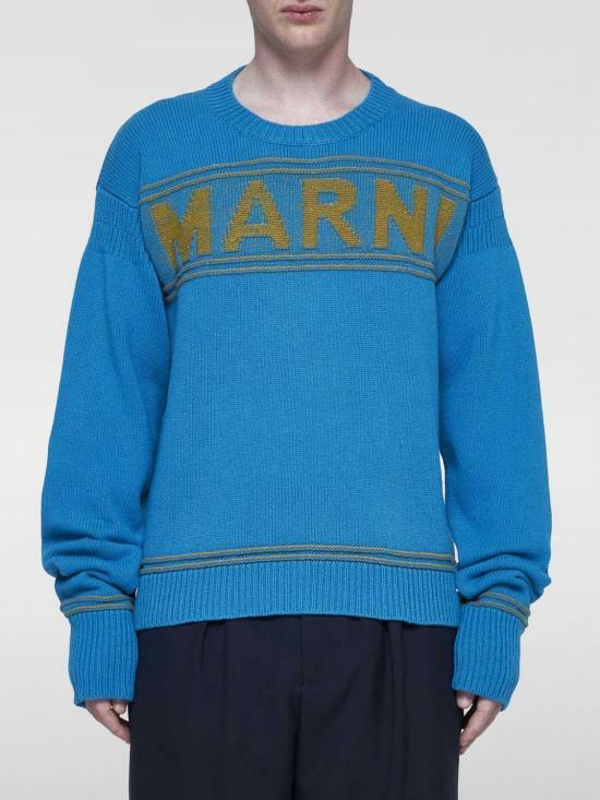 Marni Blue Wool Intarsia Maxi Logo Crewneck Sweater GCMG0293 Q1 UFH947 00B44