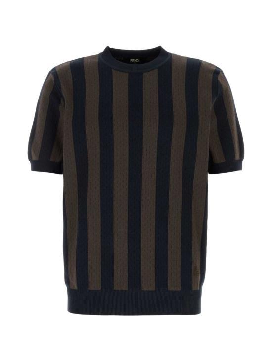 FENDI Brown Dark Blue Wool Round Neck Sweater Men