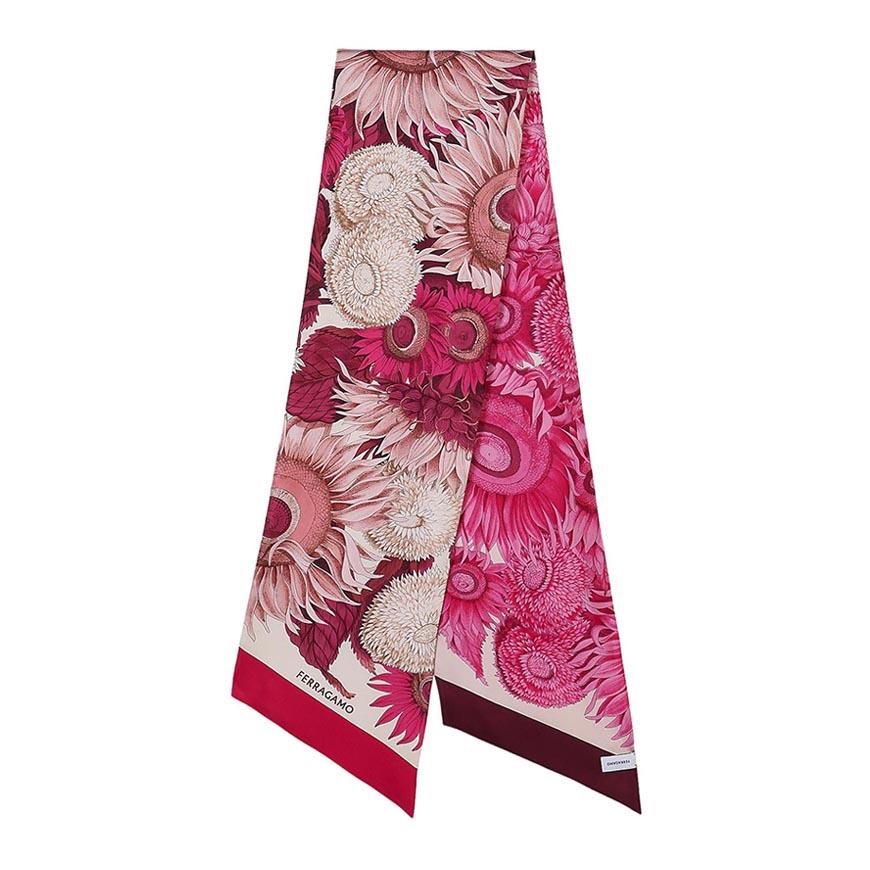 Ferragamo Sunflower Print Silk Twilly Scarf Pink Fuchsia Women