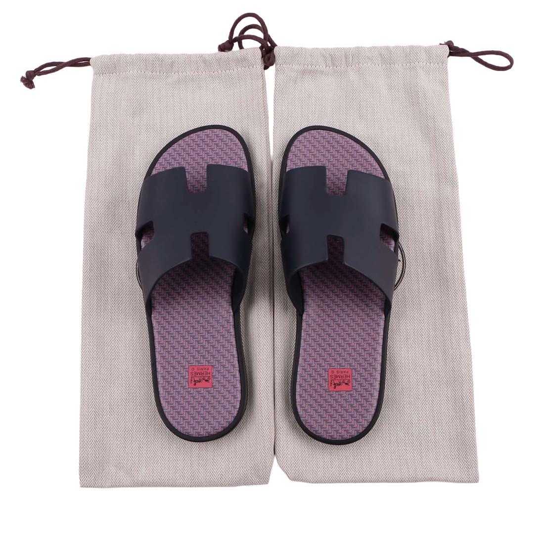 HERMES Izmir Marine Blue Leather Slide Sandals Unisex