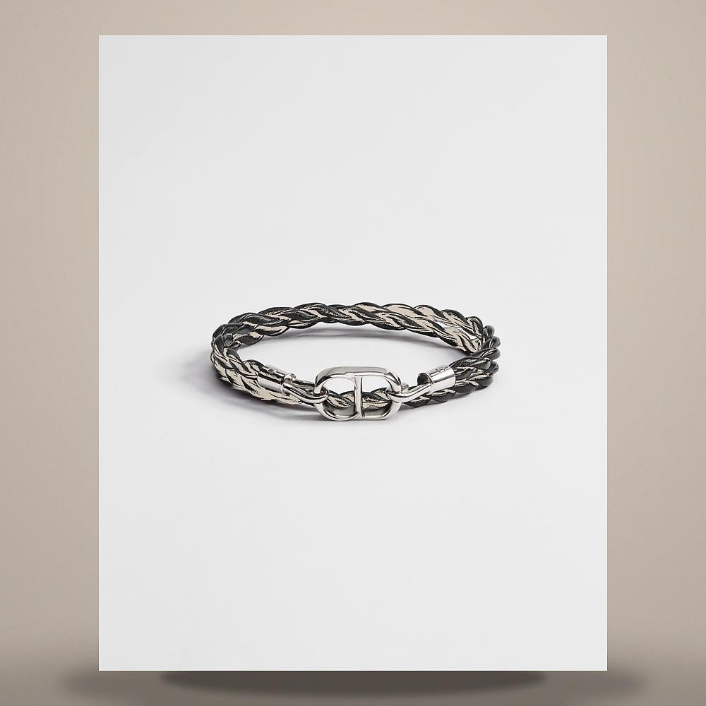 DIOR CD Icon Braided Black Calfskin Double Bracelet Silver-Tone B3210HOMLE D004