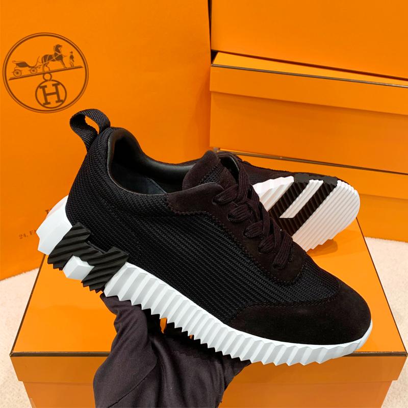 HERMES Bouncing Sneakers Mesh Suede Calfskin Black H Logo Low-Top
