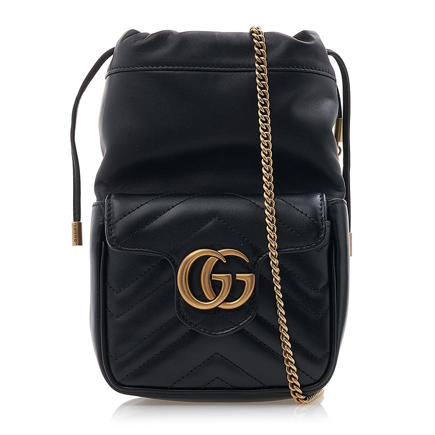 GUCCI GG Marmont Mini Chain Crossbody Bag Black Leather