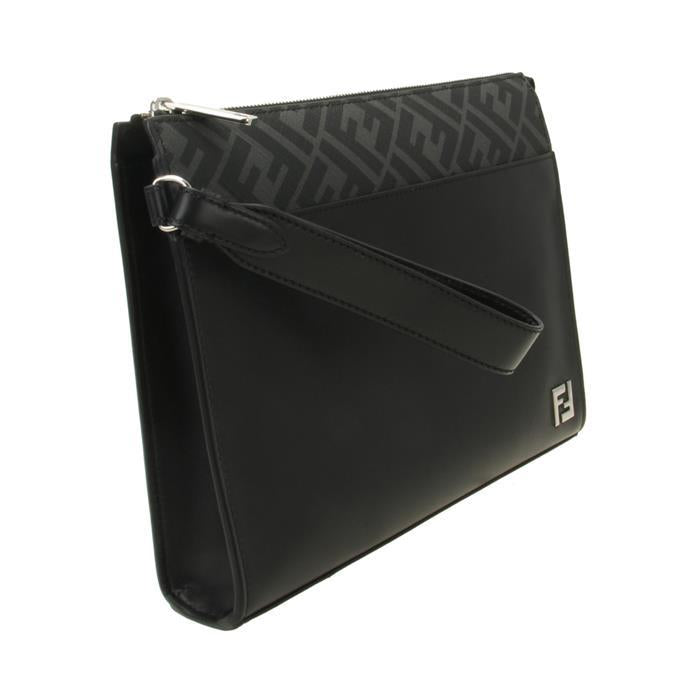 FENDI FF Logo Square Leather Clutch Bag Black