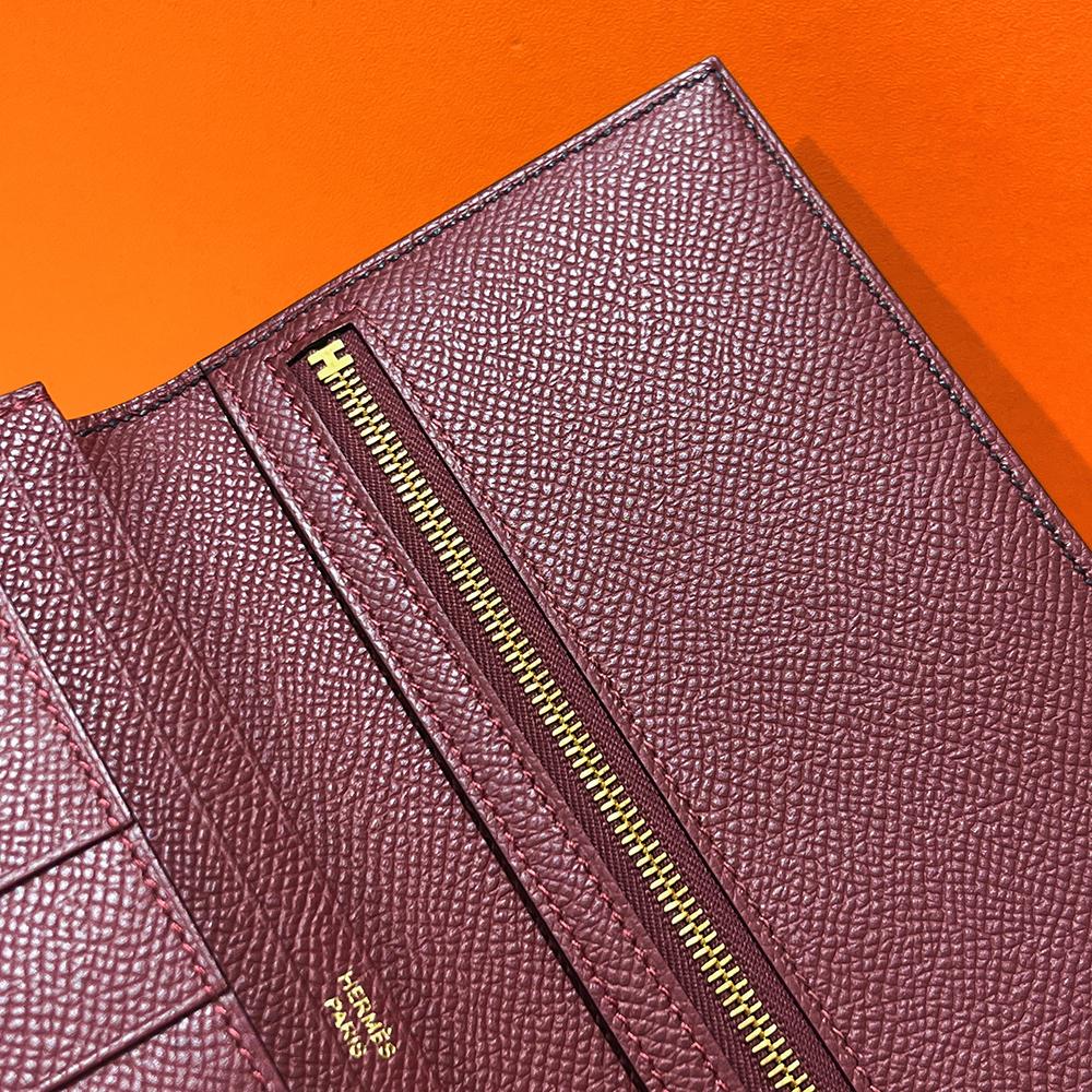 HERMES Epsom Leather Bearn Long Wallet Black Burgundy Two-Tone Gold HW