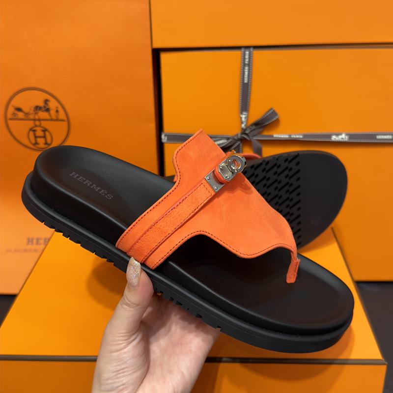HERMES Empire Kelly Buckle Suede Goatskin Orange Silver Sandals