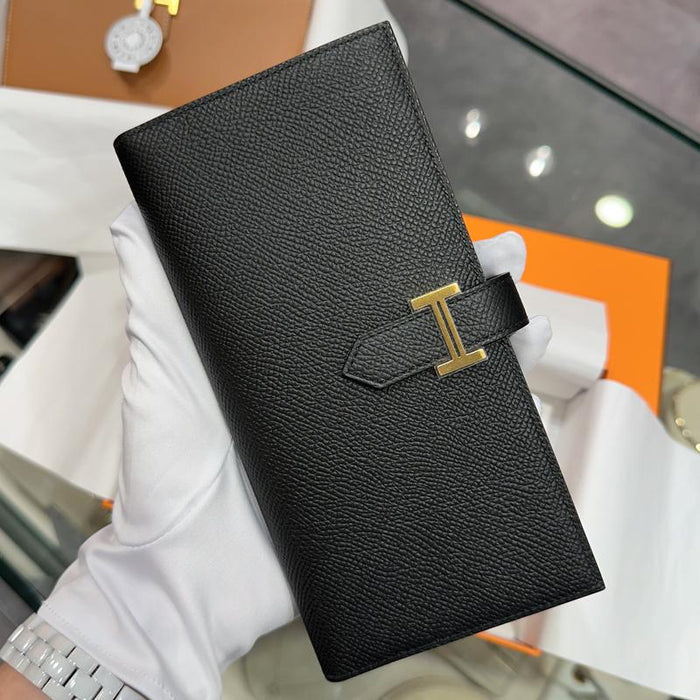 HERMES Black Epsom Calfskin Bearn Long Wallet Gold Hardware