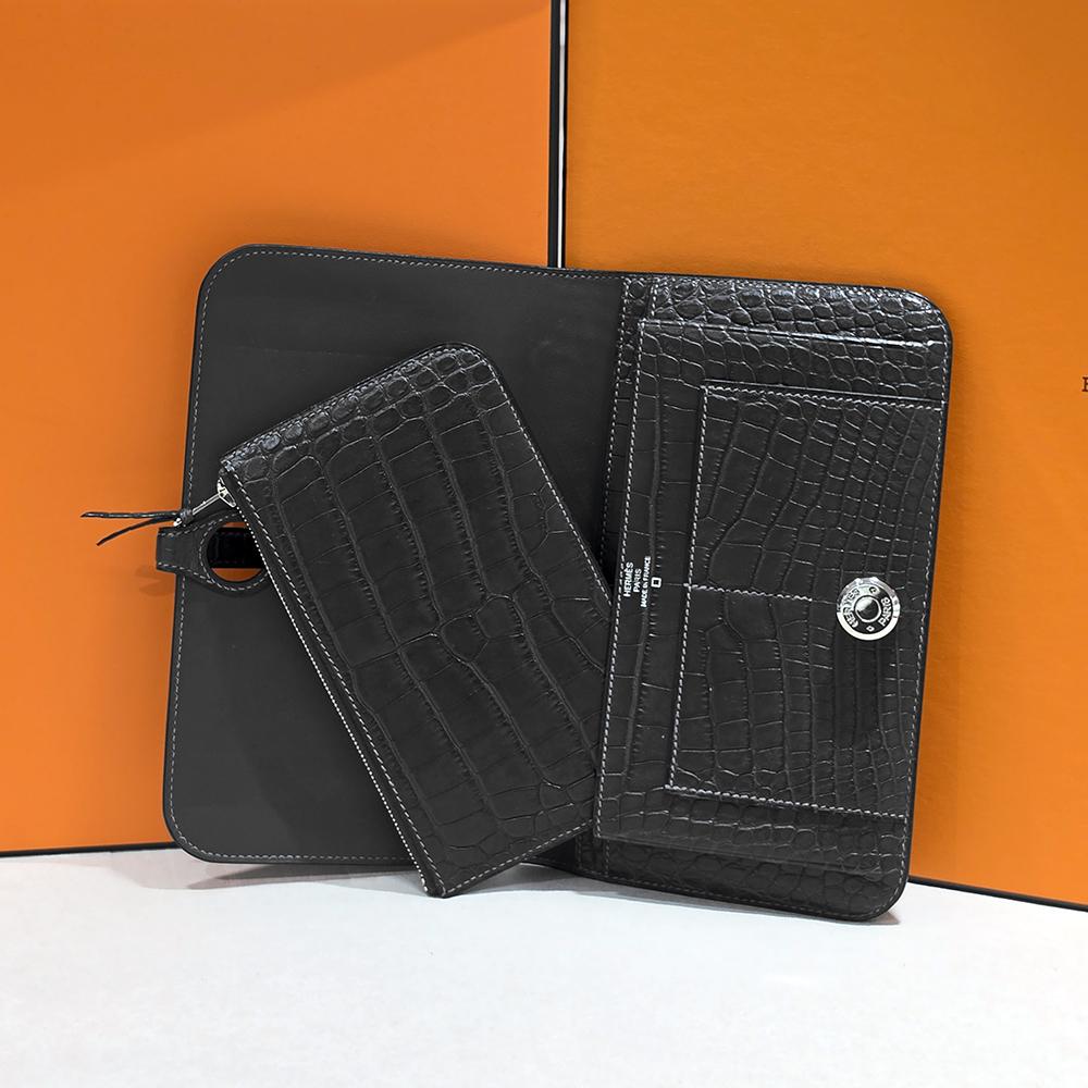 HERMES Alligator Long Wallet Gray Palladium Hardware Unisex