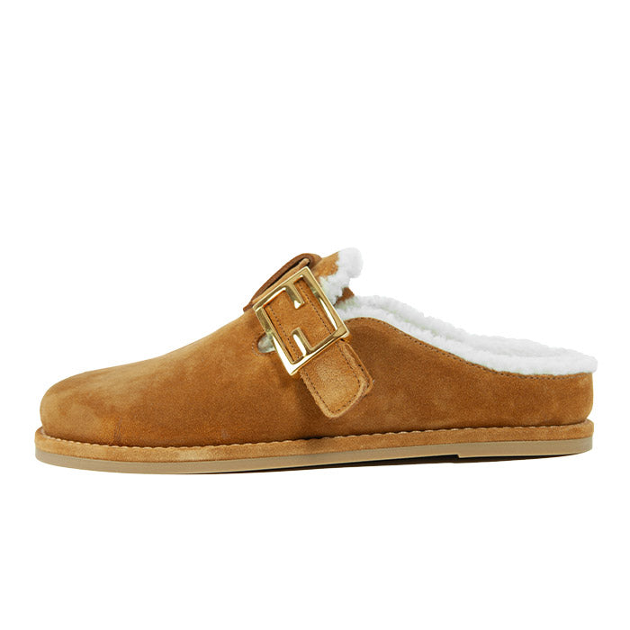 FENDI Buckle Shearling Suede Clog Mules Slippers 8R8448TK6 F1HHV