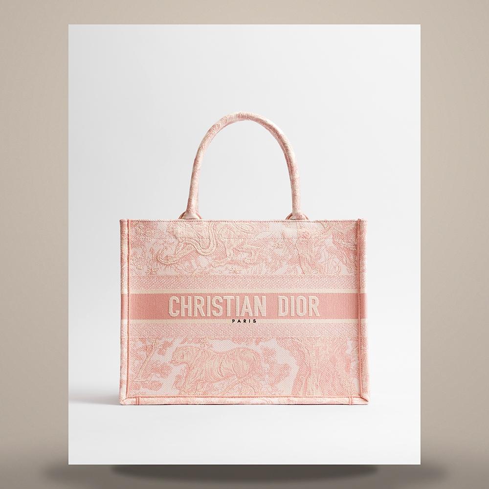 DIOR Book Tote Medium Ecru Pink Toile de Jouy Embroidered Crossbody Bag