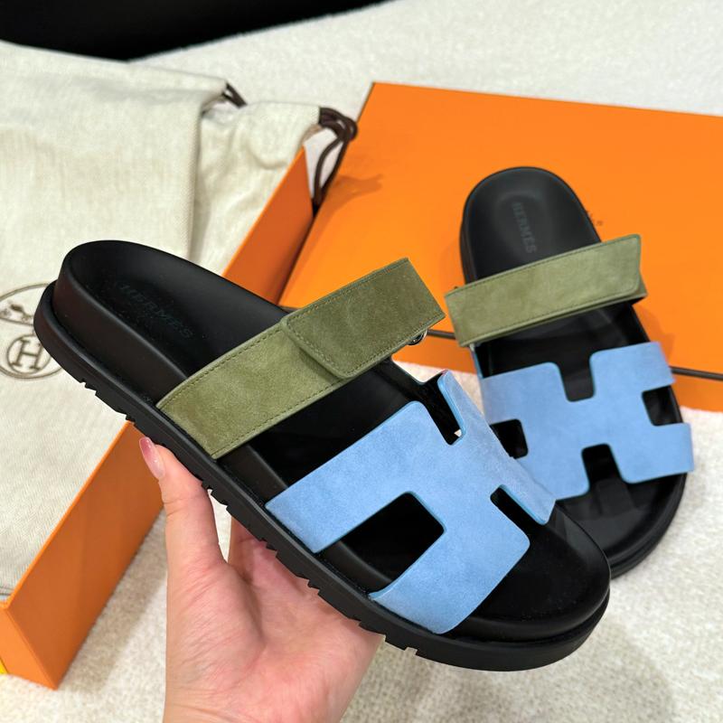 HERMES Women’s Suede Goatskin Chypre Sandals Blue Khaki