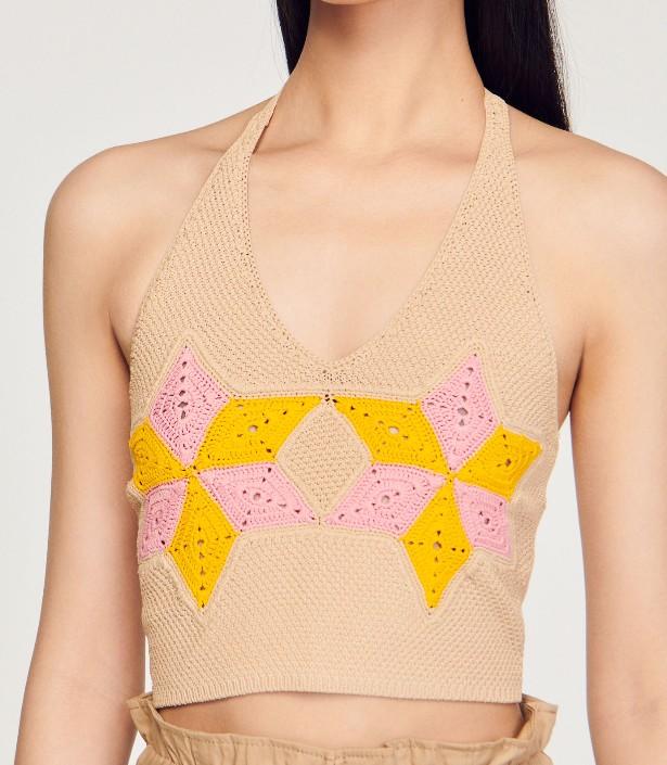 Sandro Crochet Halter Neck Knit Bustier Top