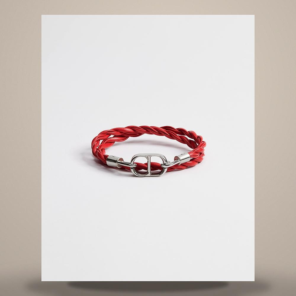 DIOR Red Braided Calfskin Double Bracelet Silver-Tone Brass B3210HOMLE D013