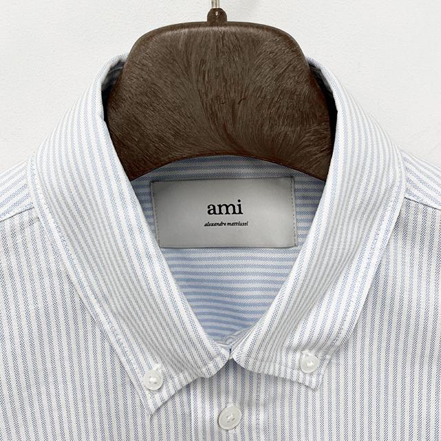 AMI Heart Logo Button-Down Stripe Long Sleeve Shirt