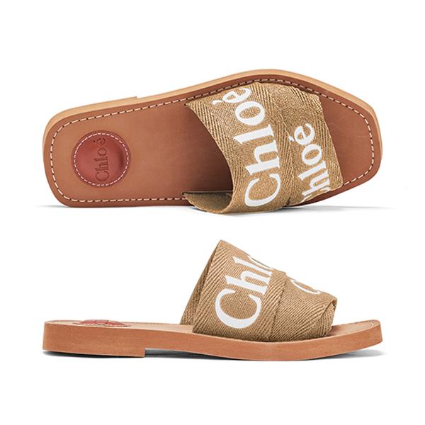 Chloe Woody Logo Flat Slide Sandals Women’s Brown Canvas