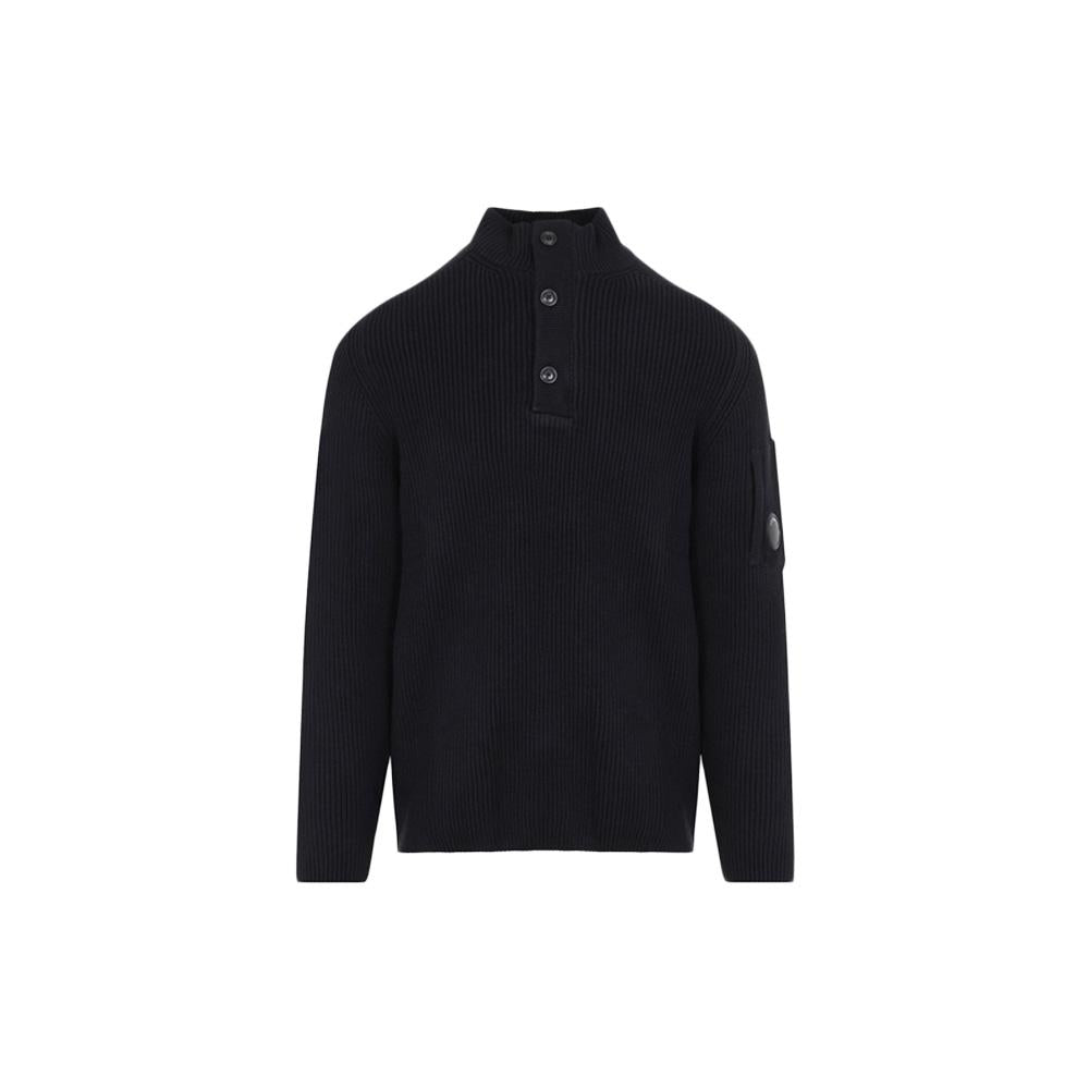 CP Company Black Half-Zip Button Rib Knit Sweater for Men 21CMKN102A 006608A 999
