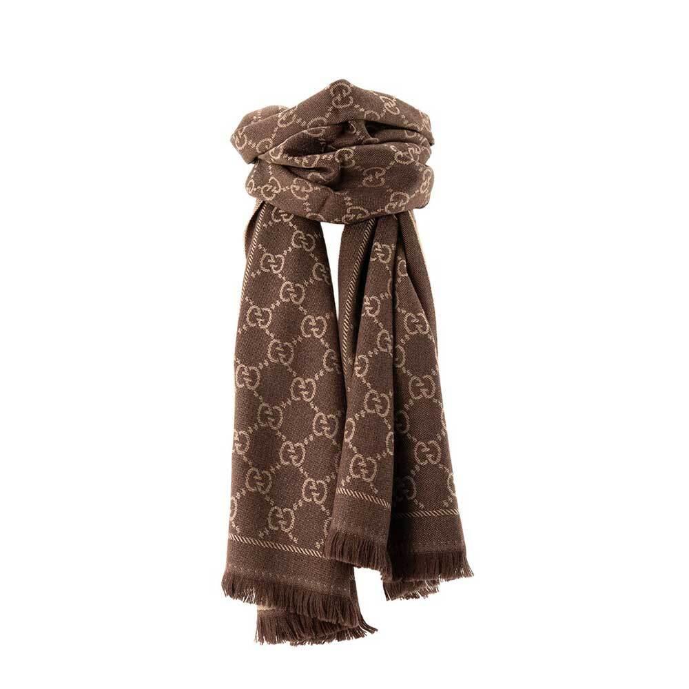 GUCCI GG Logo Cashmere Scarf Unisex Brown Scarf