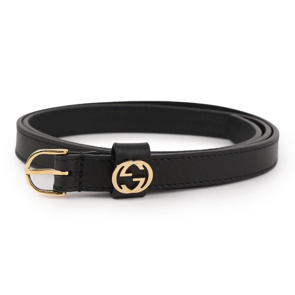 GUCCI Round Buckle Thin Leather Belt Black AAGED 1000