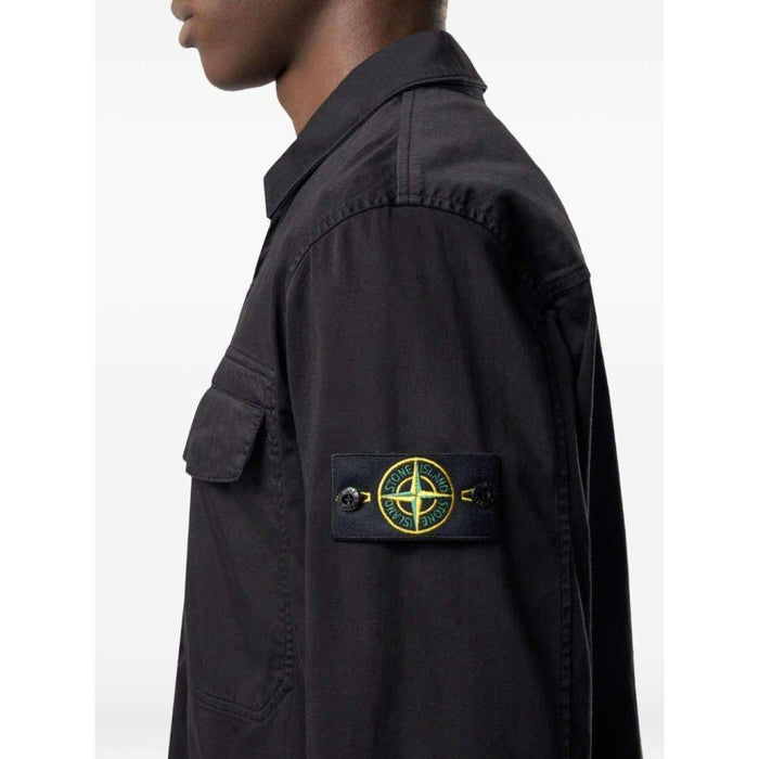 STONE ISLAND Black Woven Overshirt with Logo Patch Long Sleeve Shirt