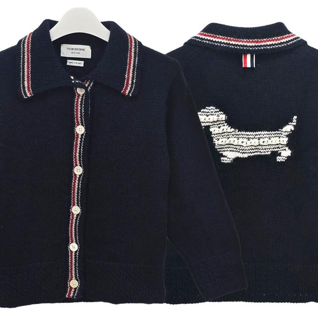 THOM BROWNE Donegal RWB Hector Pointelle Cardigan Navy Wool Women’s