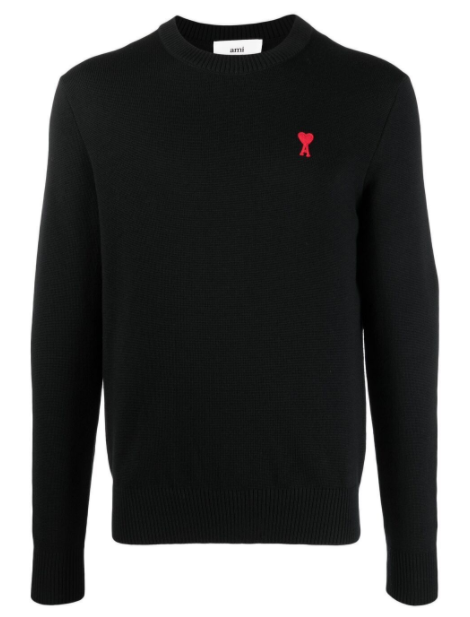 AMI Men's Heart Logo Merino Wool Crewneck Sweater Black BFHKS001