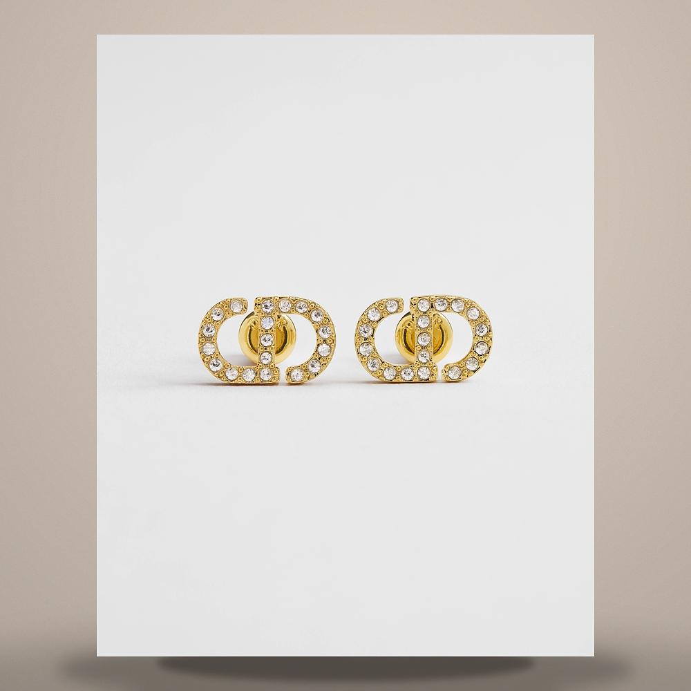 DIOR Petit CD Mini Stud Earrings Gold-Finish Metal Silver-Tone Crystals