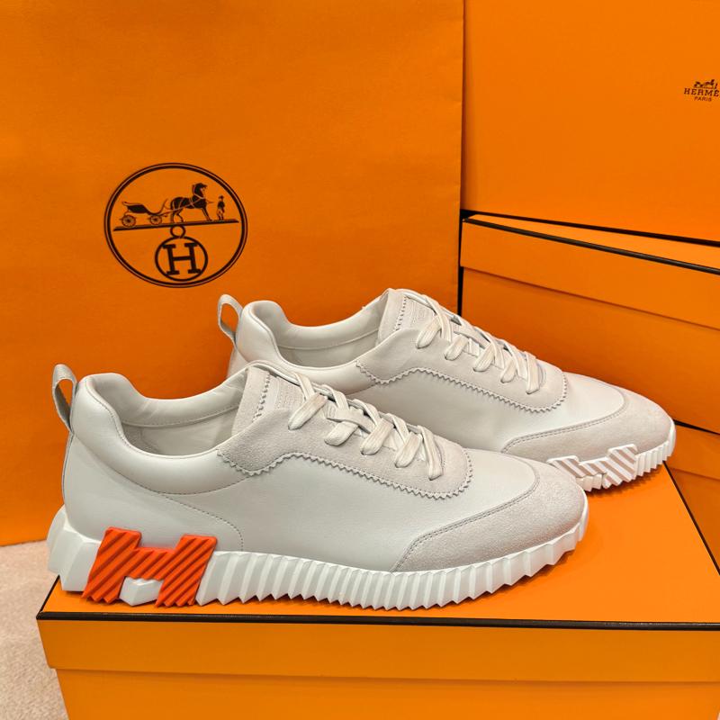 HERMES Men’s Bouncing Calfskin White Orange Two-Tone Low-Top Sneakers