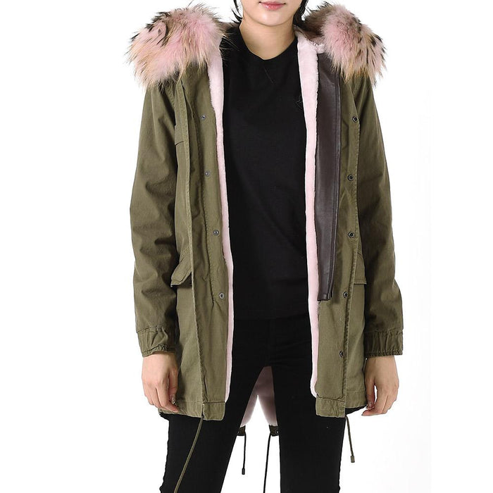 Mr & Mrs Khaki Raccoon Fur Shearling Parka Jacket