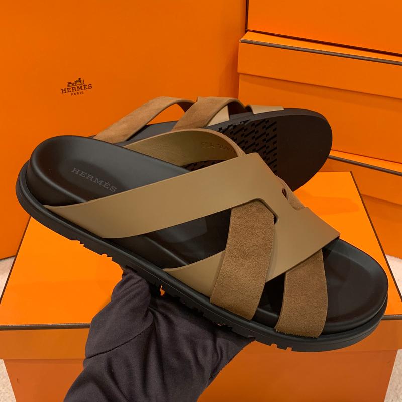 HERMES Men’s Casimir Slippers Calfskin Suede Brown