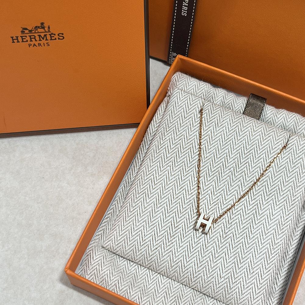 HERMES Mini Pop H Necklace White Rose Gold Pendant Women