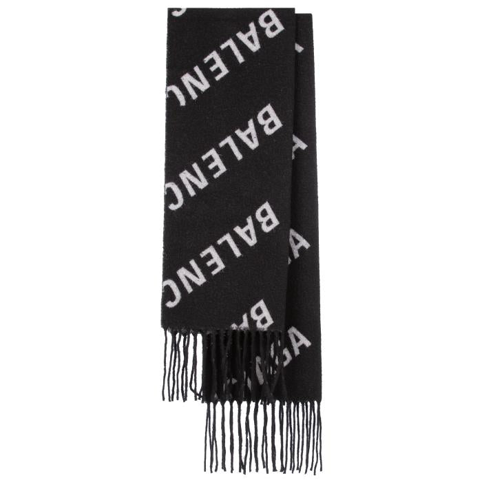 BALENCIAGA Two-Face Logo Maxi Scarf Black Gray Wool