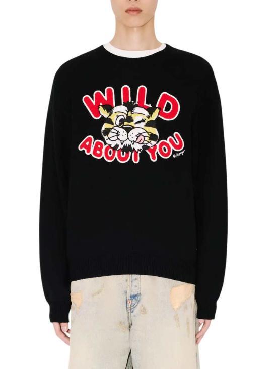 KENZO Black Round Neck Knit Sweater for Men FG55PU7853LO99J