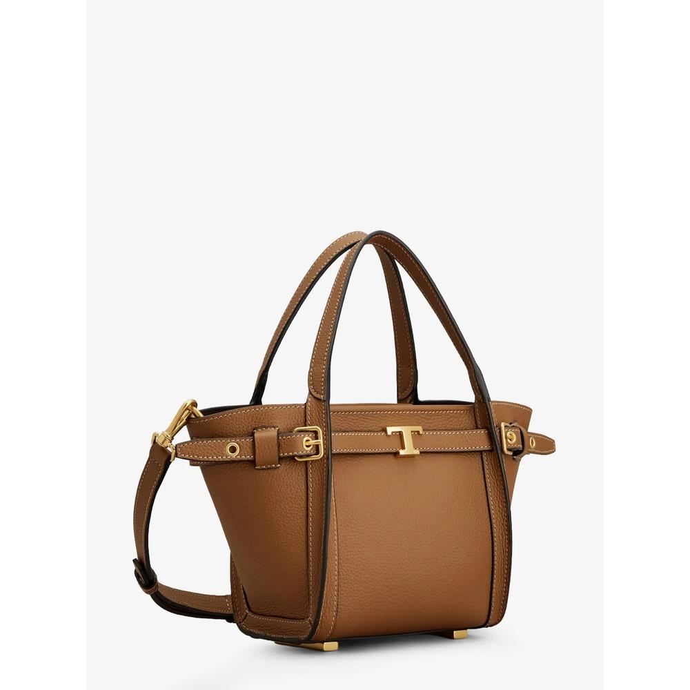 Tods T Logo Leather Tote Bag Brown